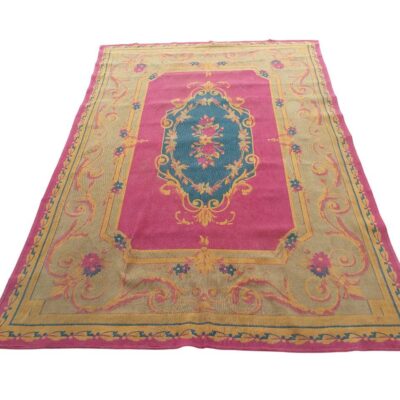 Aubusson style pink carpet with traditional floral design and blue central medallion available for events, advertising, films and series.
