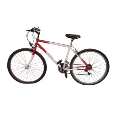 The Topbike mountain bike features a distinctive red and white frame with 26-inch wheels; available for hire for events, advertising, films and TV series