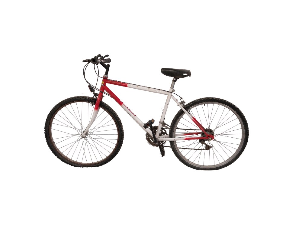 The Topbike mountain bike features a distinctive red and white frame with 26-inch wheels; available for hire for events, advertising, films and TV series