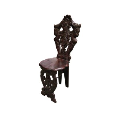This Italian Renaissance-style stool is crafted from wood carved with silhouette figures on the backrest; available for hire for events, advertising, films and TV series
