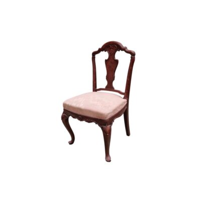 This Queen Anne-style dining chair is made from mahogany with decorative carvings and features cabriole legs; available for hire for events, advertising, films and TV series
