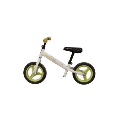 B'Twin RunRide 100 balance bike, with a white frame and lime green wheels – available for hire for events, advertising, films and TV series