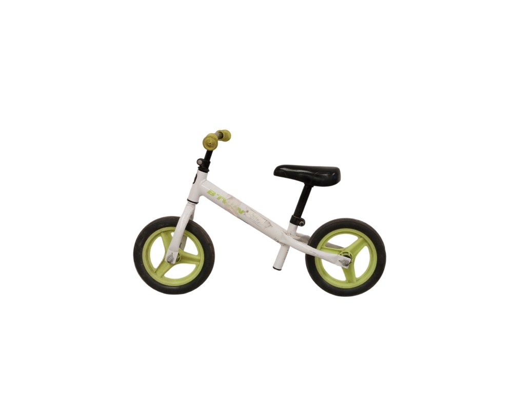 B'Twin RunRide 100 balance bike, with a white frame and lime green wheels – available for hire for events, advertising, films and TV series