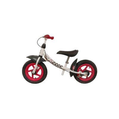 Bicicleta de equilibrio Kettler Sprint Air Racing destaca por su marco de acero blanco con detalles a cuadros y llantas rojas alquiler para eventos, publicidad, peliculas y series