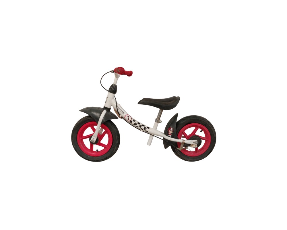 Bicicleta de equilibrio Kettler Sprint Air Racing destaca por su marco de acero blanco con detalles a cuadros y llantas rojas alquiler para eventos, publicidad, peliculas y series