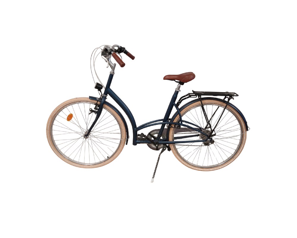 The blue city bike is a Decathlon B'Twin Elops 320, designed for comfortable use in the city and for hire for events, advertising, films and TV series