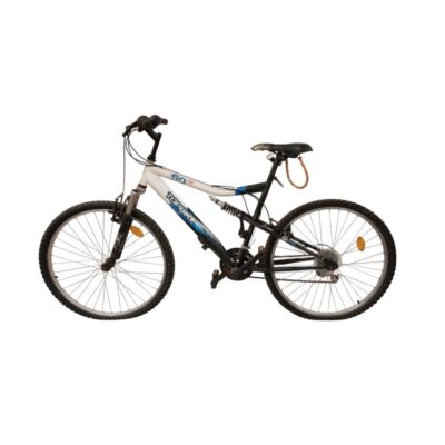 The Topbike 50 FS mountain bike features a black and white frame with blue detailing and 26-inch wheels; available for hire for events, advertising, films and TV series