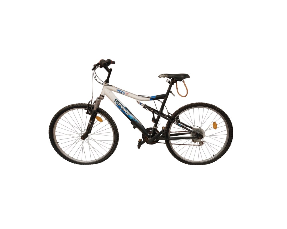 The Topbike 50 FS mountain bike features a black and white frame with blue detailing and 26-inch wheels; available for hire for events, advertising, films and TV series