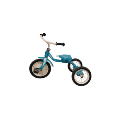 Classic-style blue tricycle featuring a sturdy metal frame and durable plastic wheels; available for hire for events, advertising, films and TV series