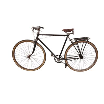 A vintage-style bicycle, likely from the 1940s or 1950s, featuring a black steel frame and a brown leather saddle; available for hire for events, advertising, films and TV series