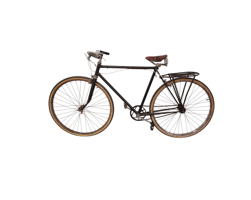 A vintage-style bicycle, likely from the 1940s or 1950s, featuring a black steel frame and a brown leather saddle; available for hire for events, advertising, films and TV series
