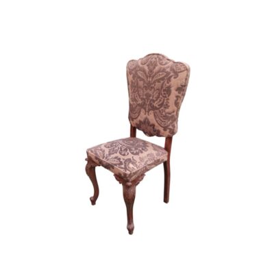 Neo-Rococo-style chair, notable for its carved wooden frame and damask upholstery; available for hire for events, advertising, films and TV series