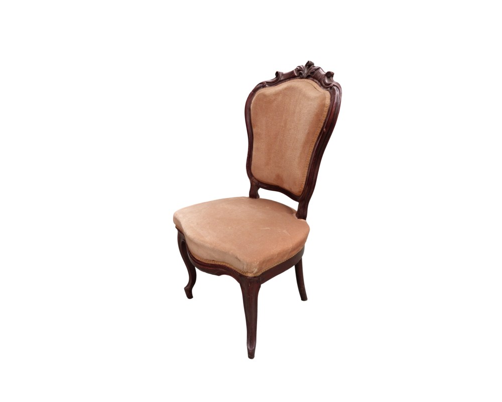 Antique Spanish Elizabethan-style chair featuring a carved wooden frame and neutral-coloured upholstery; available for hire for events, advertising, films and TV series