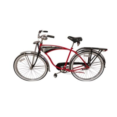Bicicleta roja y negra es una Schwinn Cruiser 7 estilo vintage con guardabarros cromados y un portabicicletas trasero alquiler para eventos, publicidad, peliculas y series
