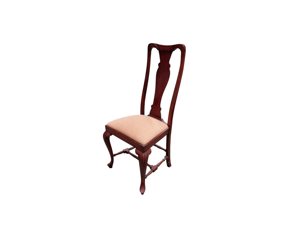 This Queen Anne-style dining chair is made of mahogany and features an upholstered seat. Available for hire for events, advertising, films and TV series.
