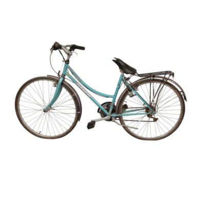 Turquoise city bike featuring a rear luggage rack and mudguards – available for hire for events, advertising, films and TV series