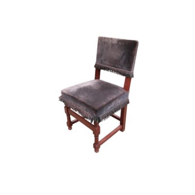Spanish Renaissance-style chair made from beech wood and upholstered in velvet with fringed detailing; available for hire for events, advertising, films and TV series