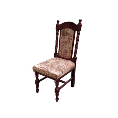 Antique carved wooden chair featuring classic upholstery and a high backrest with ornamental details; available for hire for events, advertising, films and TV series