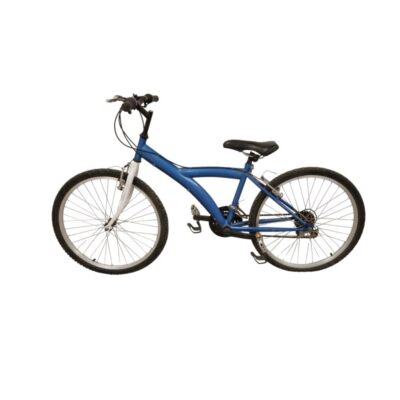 This blue Decathlon city bike features an aluminium frame and 26-inch wheels; available for hire for events, advertising, films and TV series