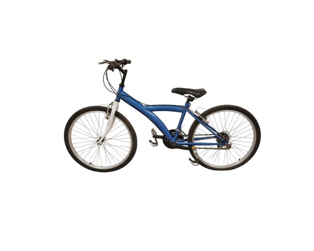 This blue Decathlon city bike features an aluminium frame and 26-inch wheels; available for hire for events, advertising, films and TV series