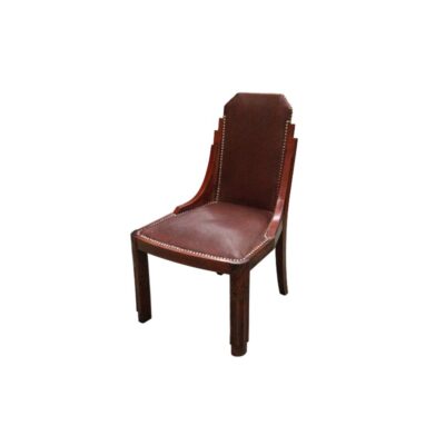 This Art Deco chair features a wooden frame with a brown leather-upholstered backrest and studded detailing; available for hire for events, advertising, films and TV series