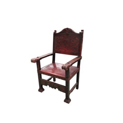 Renaissance-style friar’s chair, crafted from carved wood with a wooden seat and backrest; available for hire for events, advertising, films and TV series