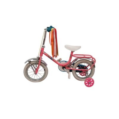 The pink bicycle is a classic BH Happy children’s model with removable training wheels and a rear luggage rack, available for hire for events, advertising, films and TV series