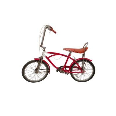 Lowrider-style bicycle featuring an orange banana seat and a red and white frame; available for hire for events, advertising, films and TV series