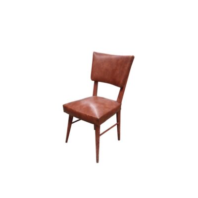 A vintage chair in a classic style, featuring a solid wood frame and brown leather upholstery; available for hire for events, advertising, films and TV series