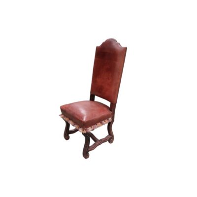 Louis XIII-style dining chair featuring a carved wooden frame and brown leather upholstery; available for hire for events, advertising, films and TV series