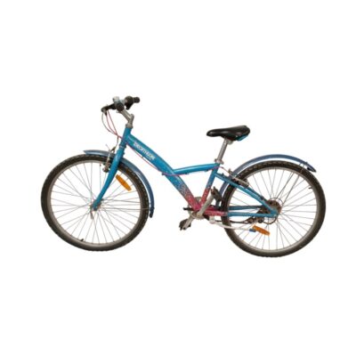 This Decathlon children's bike is a blue B'Twin model with colourful details and mudguards, available for hire for events, advertising, films and TV series