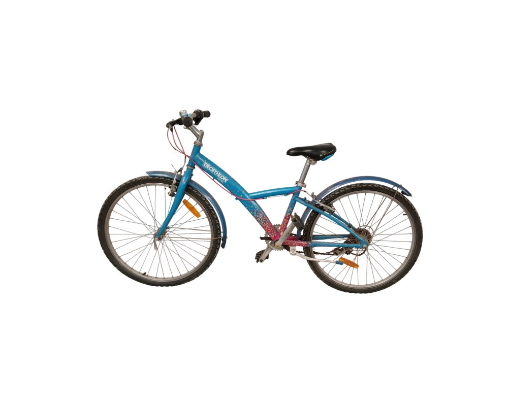 This Decathlon children's bike is a blue B'Twin model with colourful details and mudguards, available for hire for events, advertising, films and TV series