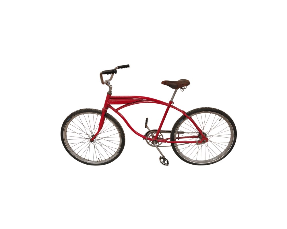Vintage red cruiser bike featuring a classic steel frame and leather saddle; available for hire for events, advertising, films and TV series