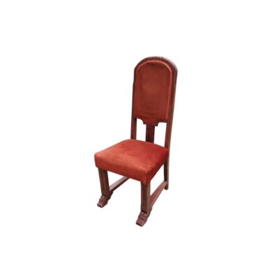 A vintage-style chair featuring a dark wooden frame and red fabric upholstery, available for hire for events, advertising, films and TV series