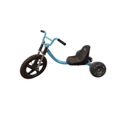The blue rafting tricycle is designed for children and features a large 20-inch front wheel; available for hire for events, advertising, films and TV series