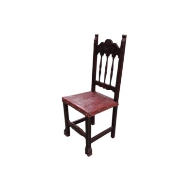 Antique chair in the Castilian or Renaissance style, featuring a carved wooden frame and an embossed leather seat; available for hire for events, advertising, films and TV series