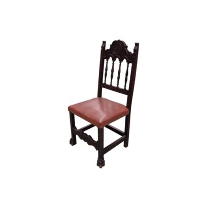 An antique Renaissance-style chair featuring a carved backrest and a leather seat, available for hire for events, advertising, films and TV series