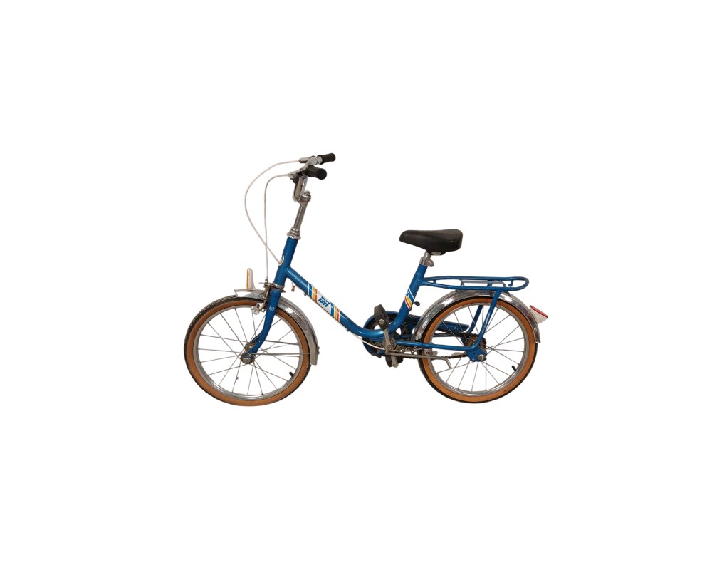 Classic BH children’s bicycle from the 1970s or 1980s, recognisable by its blue folding frame and chrome mudguards; available for hire for events, advertising, films and TV series