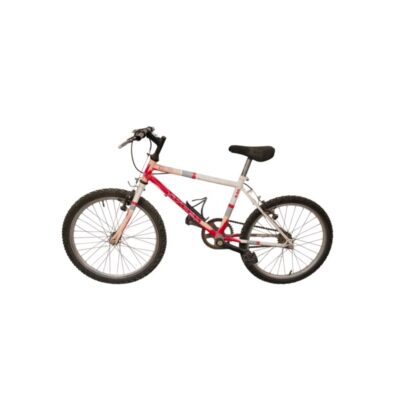 Red and white BMX-style bike with 20-inch wheels and a striking frame design – available for hire for events, advertising, films and TV series