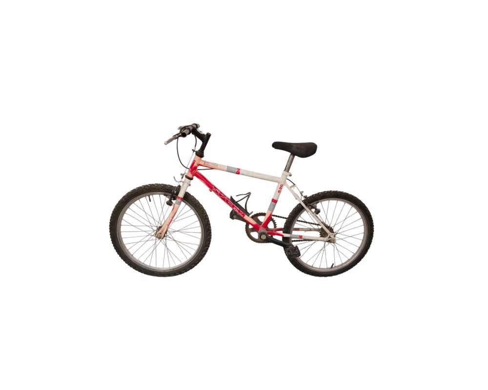 Red and white BMX-style bike with 20-inch wheels and a striking frame design – available for hire for events, advertising, films and TV series