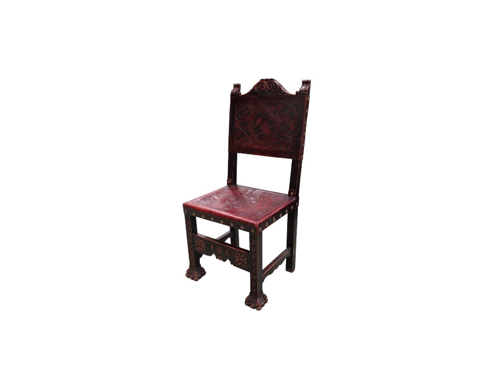 Renaissance-style wooden chair with claw-shaped carved legs – available for hire for events, advertising, films and TV series