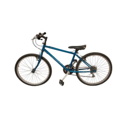 Blue mountain bike with a steel frame, 26-inch wheels and V-brakes; available for hire for events, advertising, films and TV series