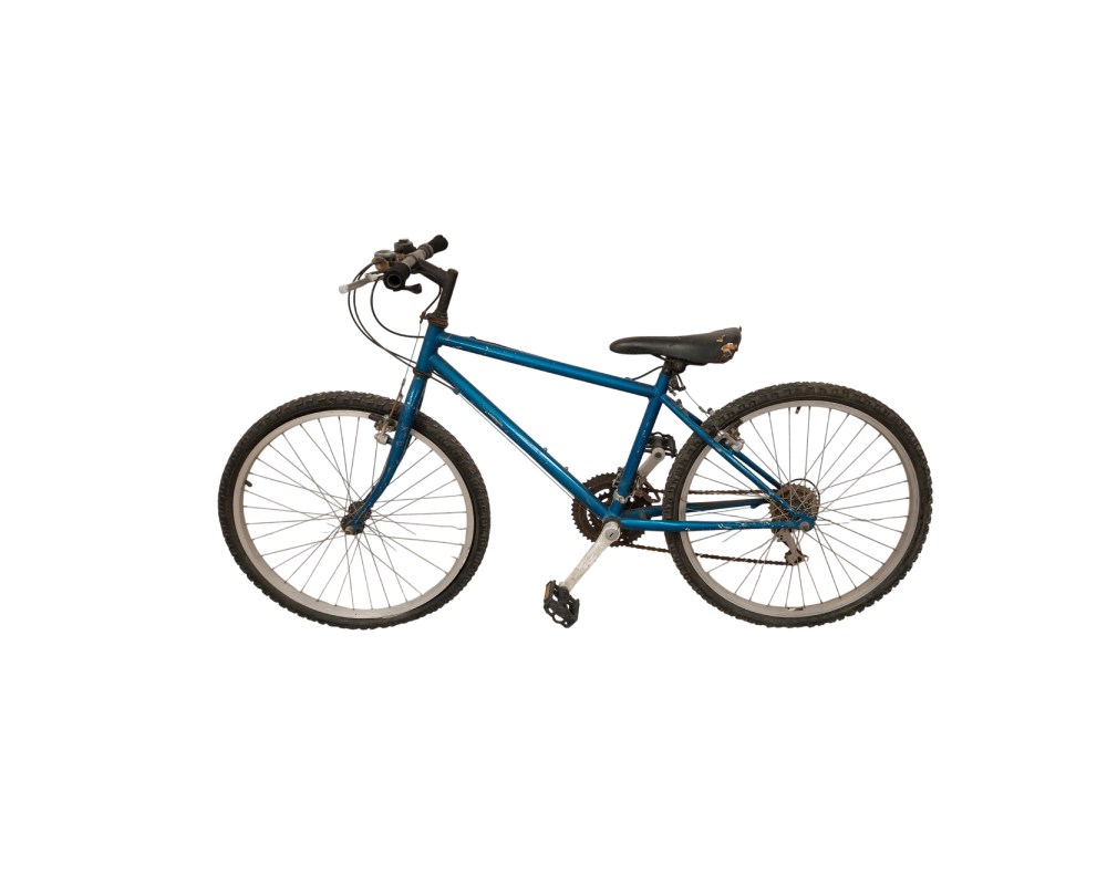 Blue mountain bike with a steel frame, 26-inch wheels and V-brakes; available for hire for events, advertising, films and TV series
