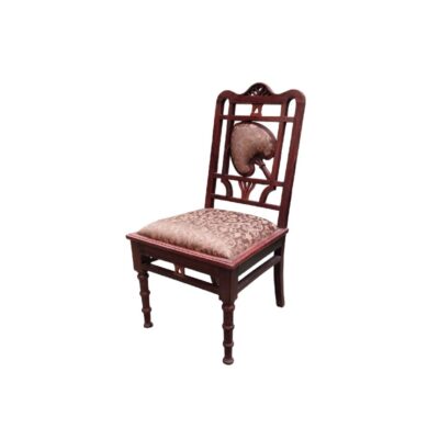 Victorian-style chair featuring a carved dark wooden frame and a seat upholstered with a classic floral pattern; available for hire for events, advertising, films and TV series