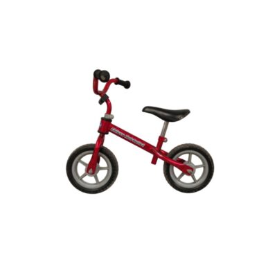 The Chicco Red Bullet balance bike features an ultra-lightweight metal frame designed for children aged 2 to 5; available for hire for events, advertising, films and TV series