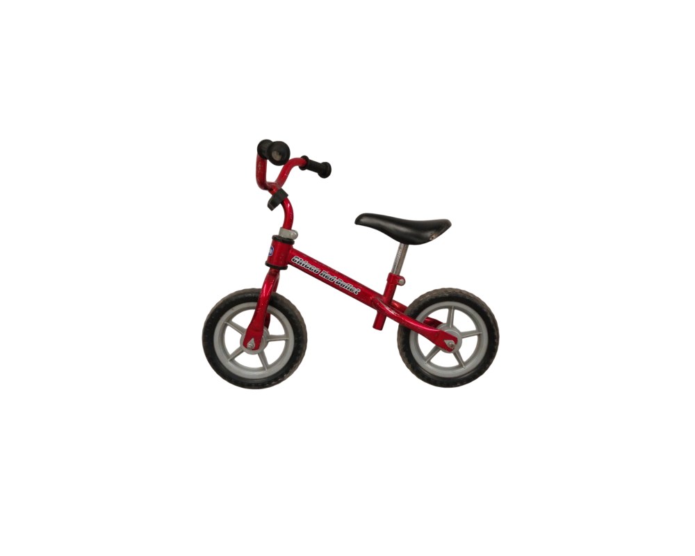 The Chicco Red Bullet balance bike features an ultra-lightweight metal frame designed for children aged 2 to 5; available for hire for events, advertising, films and TV series