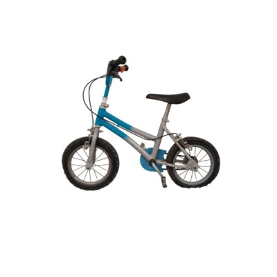 Silver and blue children's bicycle with 12- or 14-inch wheels and an adjustable black saddle; available for hire for events, advertising, films and TV series