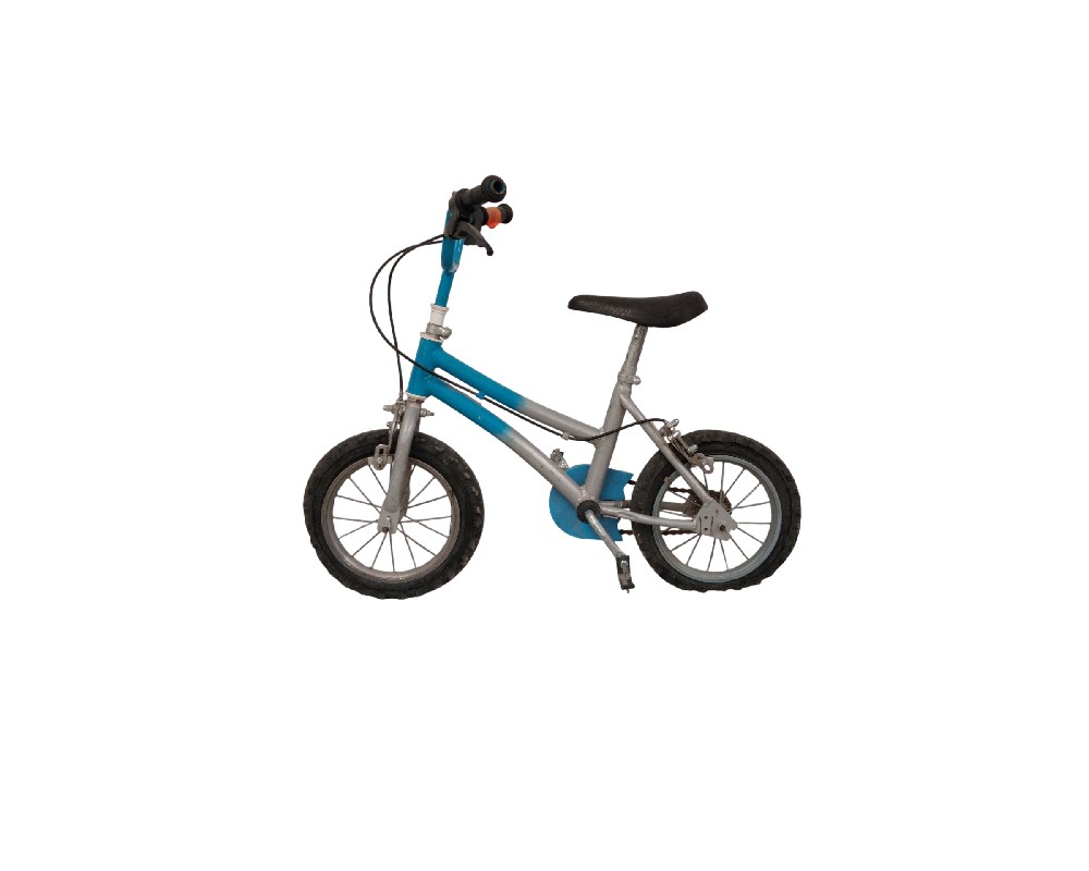 Silver and blue children's bicycle with 12- or 14-inch wheels and an adjustable black saddle; available for hire for events, advertising, films and TV series