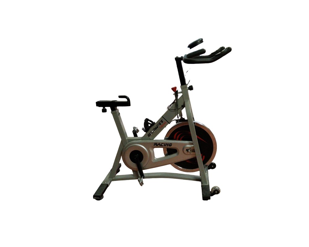 Runfit Fitness grey spinning bike designed for indoor cardiovascular training; available for hire for events, advertising, films and TV series