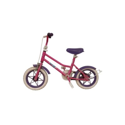 12-inch children's bike featuring a metallic pink frame and purple plastic components; available for hire for events, advertising, films and TV series